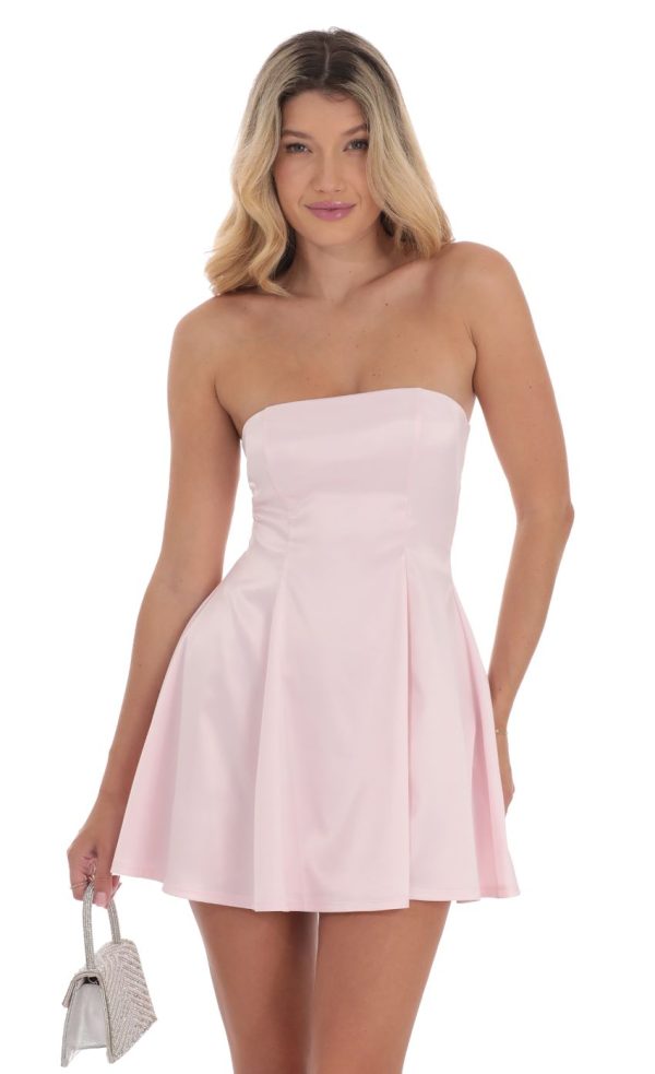 Strapless Satin Fit and Flare Dress in Pink - Image 4