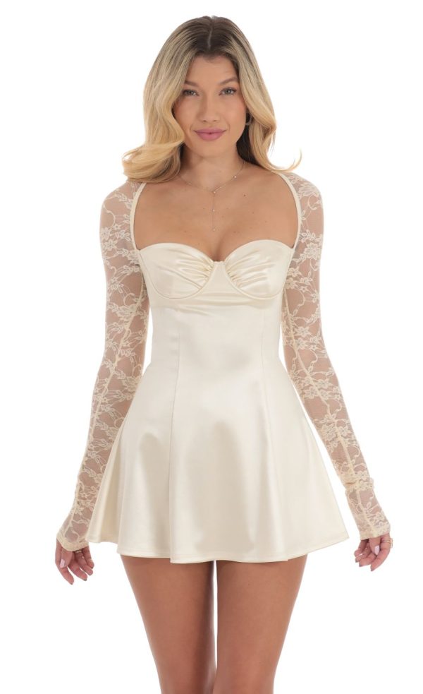 Satin Lace Sleeve Dress in Yellow Cream - Image 2