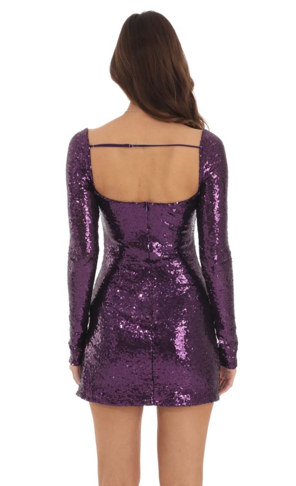 Sequin Long Sleeve Bodycon Dress in Purple - Image 2
