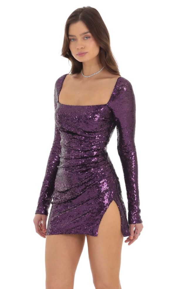 Sequin Long Sleeve Bodycon Dress in Purple - Image 3