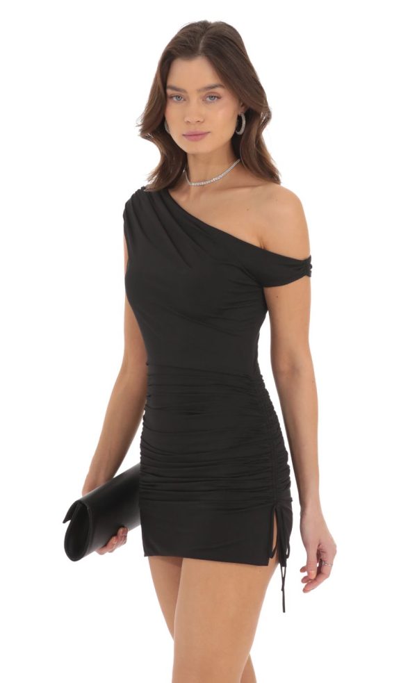Off Shoulder Ruched Bodycon Dress in Black - Image 2