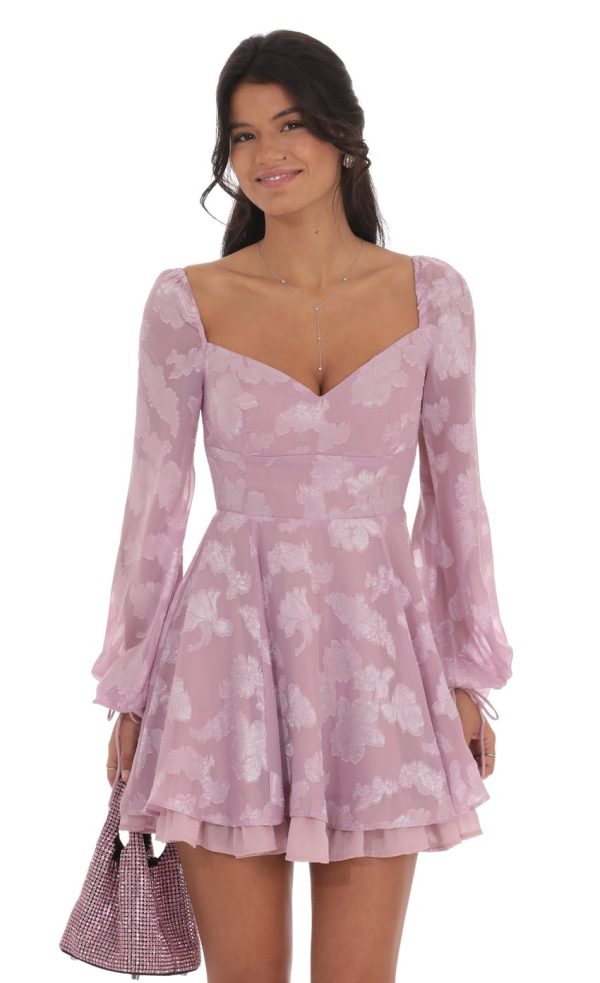 Floral Chiffon Fit and Flare Dress in Lilac - Image 2