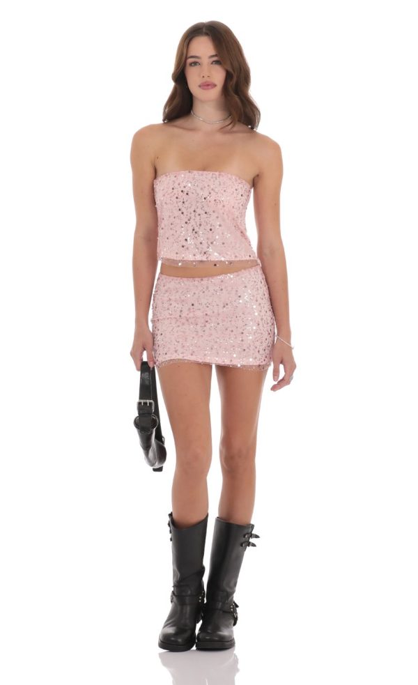 Sequin Strapless Two Piece Set in Baby Pink