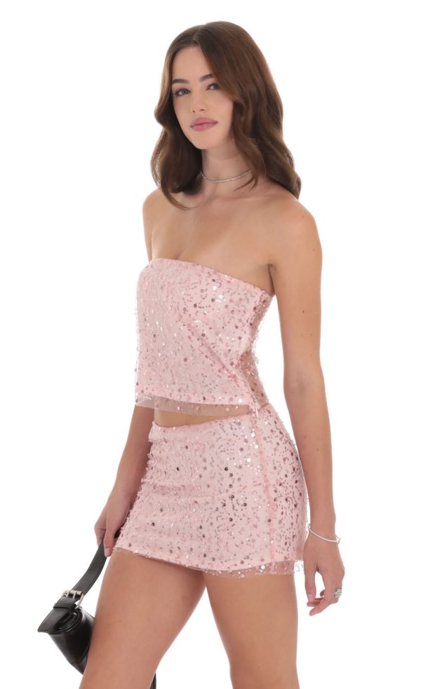 Sequin Strapless Two Piece Set in Baby Pink - Image 3