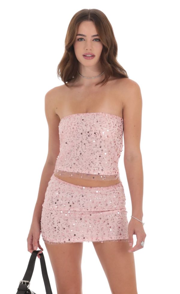 Sequin Strapless Two Piece Set in Baby Pink - Image 4
