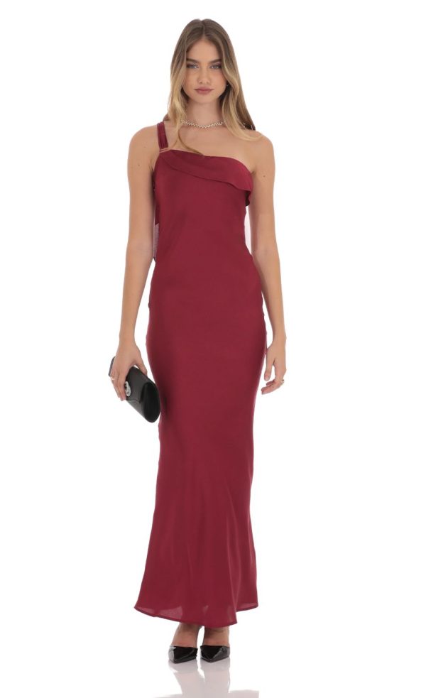 Satin One Shoulder Tassel Maxi Dress in Wine