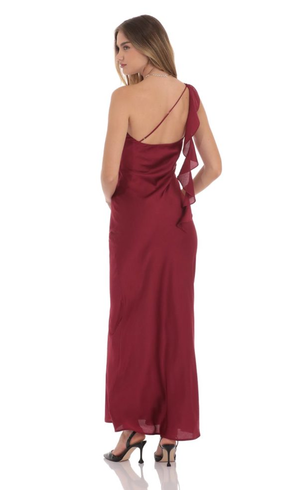 Satin One Shoulder Tassel Maxi Dress in Wine - Image 2