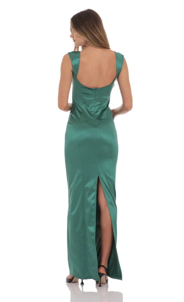 Satin Bodycon Maxi Dress in Green - Image 2