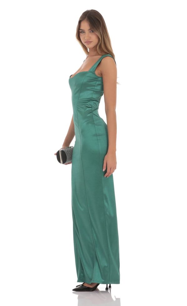 Satin Bodycon Maxi Dress in Green - Image 3