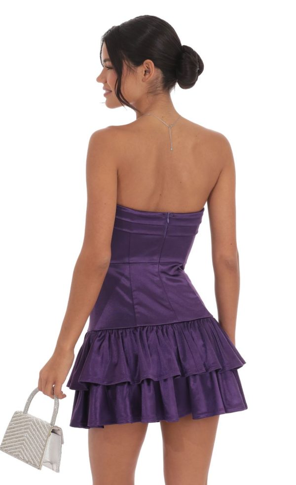 Satin Strapless Ruffle Dress in Purple - Image 2