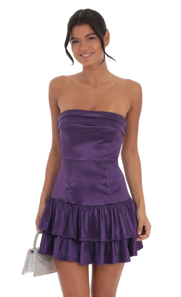 Satin Strapless Ruffle Dress in Purple - Image 4