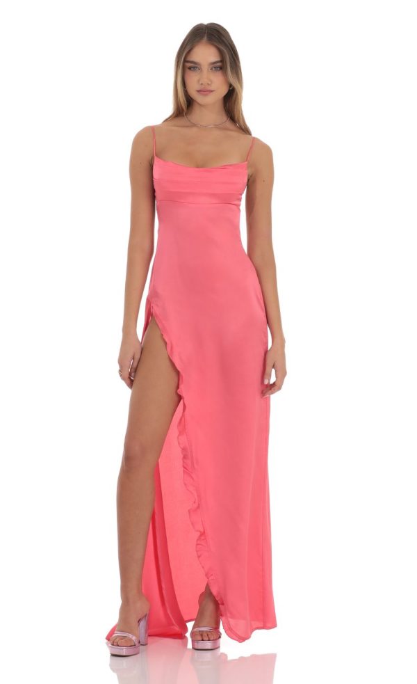 Cowl Neck Satin Open Back Maxi Dress in Coral