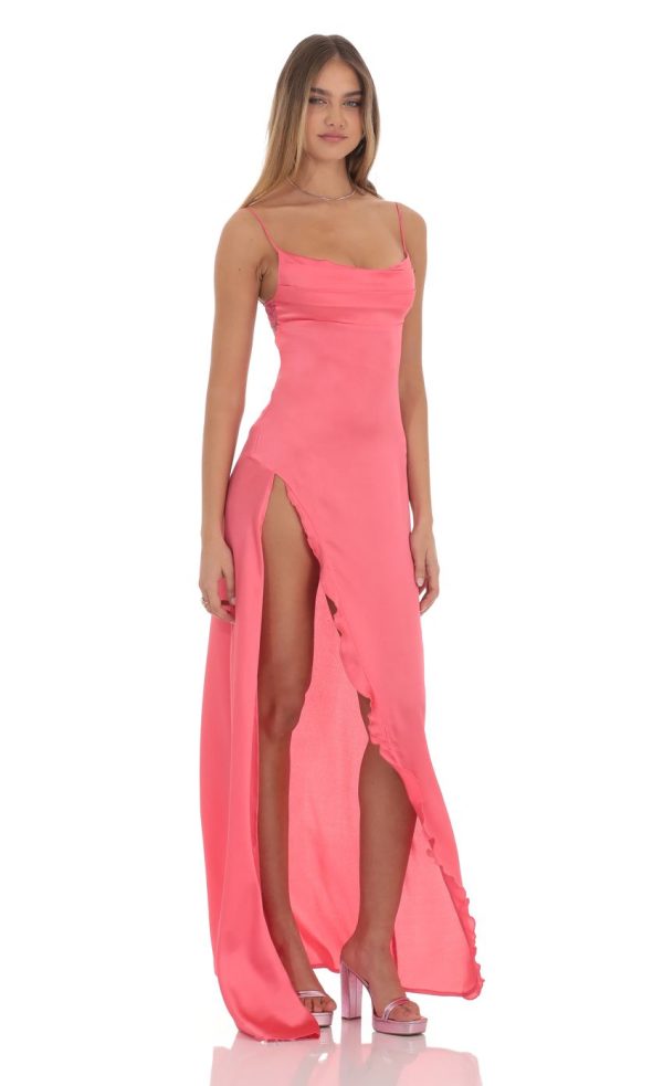 Cowl Neck Satin Open Back Maxi Dress in Coral - Image 3