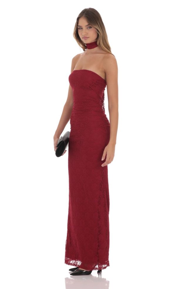 Scarf Lace Maxi Dress in Maroon - Image 3