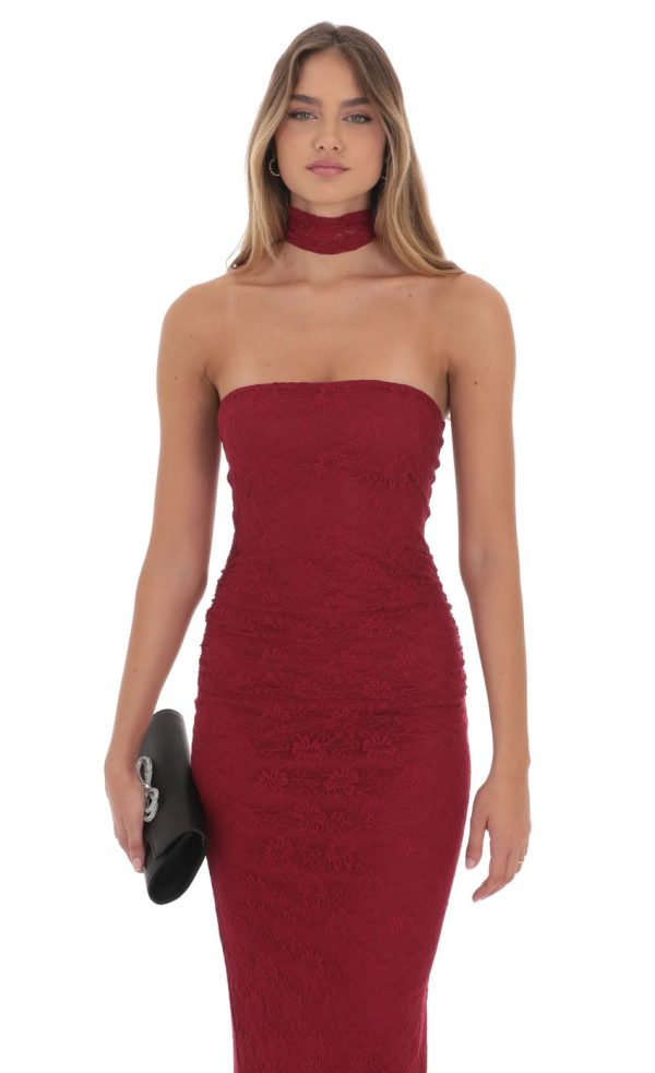 Scarf Lace Maxi Dress in Maroon - Image 4