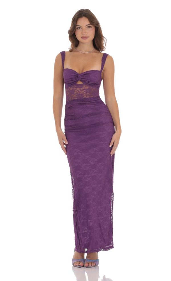 Lace Twist Ruched Maxi Dress in Purple