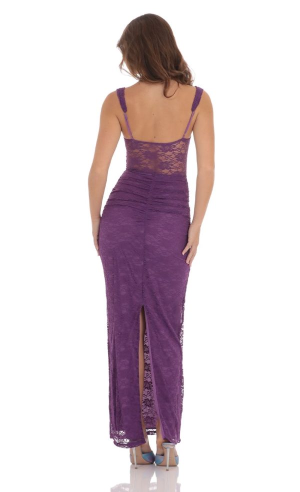 Lace Twist Ruched Maxi Dress in Purple - Image 2