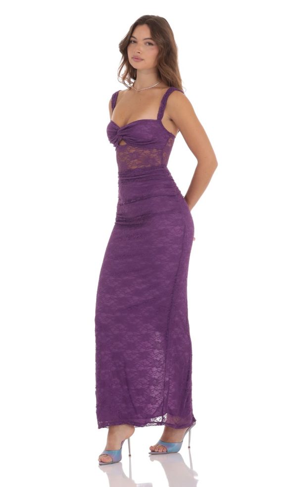 Lace Twist Ruched Maxi Dress in Purple - Image 3