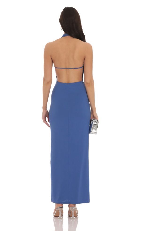 Plunge Cowl Neck Halter Maxi Dress in Slate Blue - Image 2