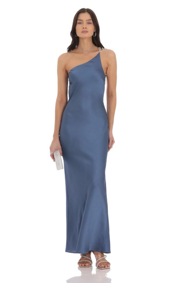 One Shoulder Pearl Satin Maxi Dress in Slate Blue - Image 2