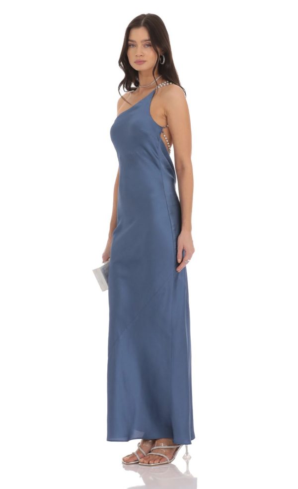 One Shoulder Pearl Satin Maxi Dress in Slate Blue - Image 3