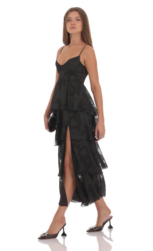 Floral Ruffle A-line Maxi Dress in Black - Image 3