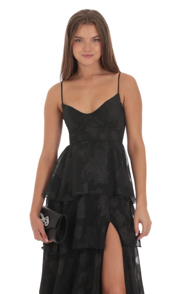 Floral Ruffle A-line Maxi Dress in Black - Image 4