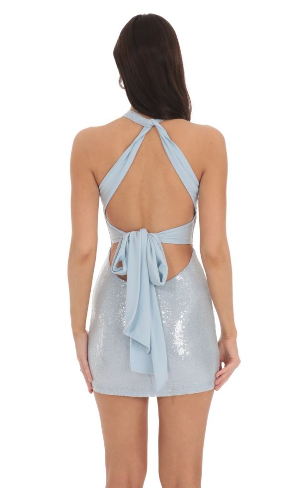 Sequin Twist V-Neck Bodycon Dress in Sky Blue - Image 2