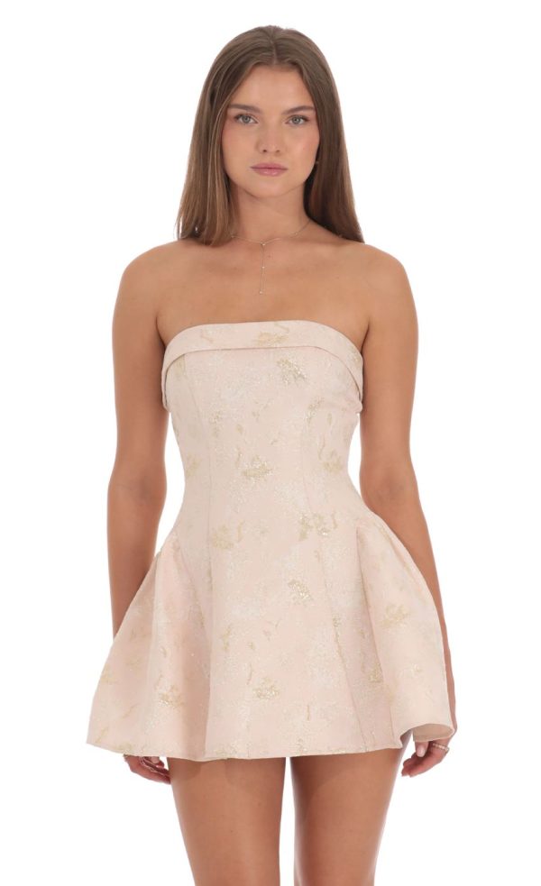 Shimmer Jacquard Strapless Flare Dress in Pink - Image 2