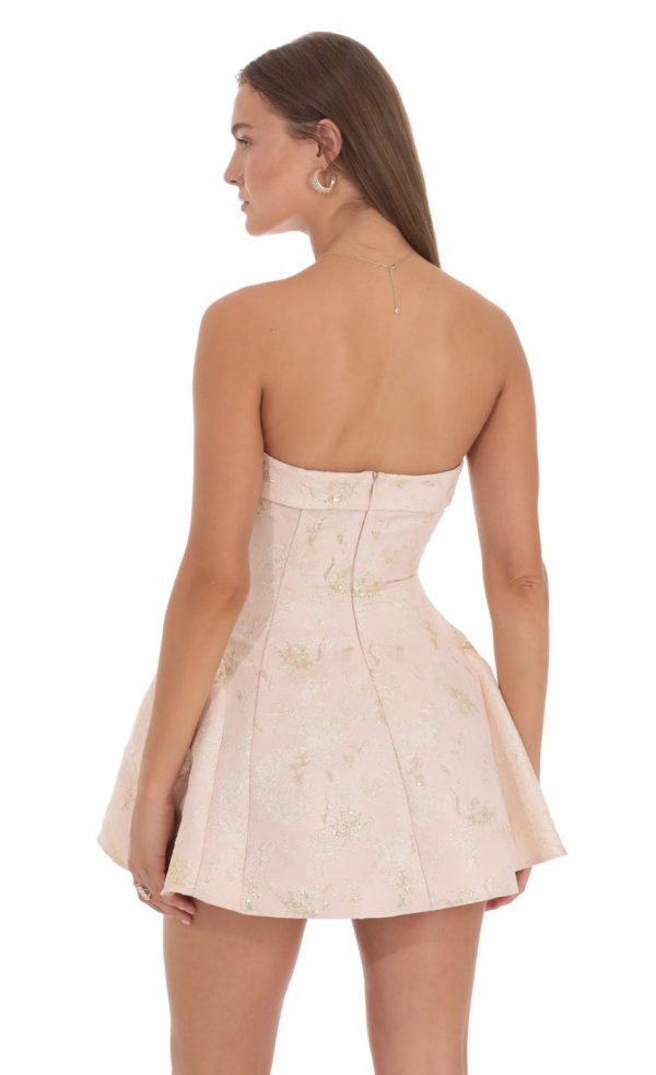 Shimmer Jacquard Strapless Flare Dress in Pink - Image 3