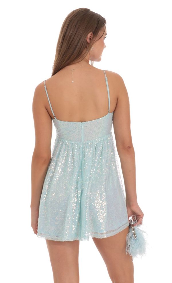 Sequin Front Bow Babydoll Dress in Seafoam Blue - Image 2