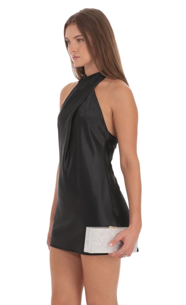 Satin Cross Halter Dress in Black - Image 3