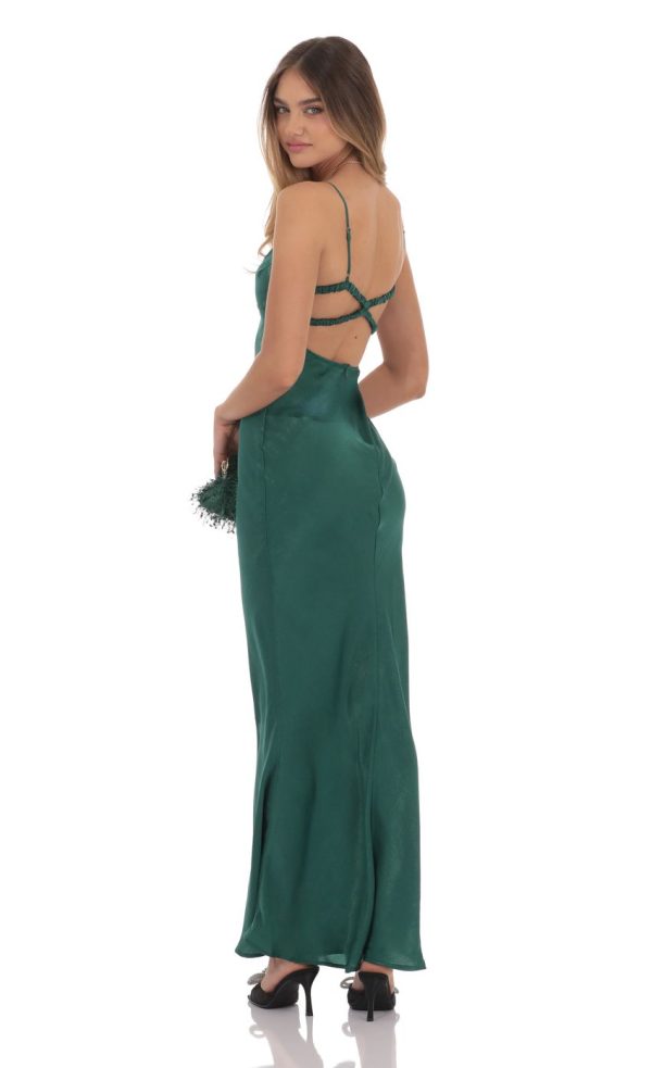 Satin Open Back Maxi Dress in Green