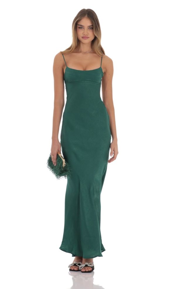 Satin Open Back Maxi Dress in Green - Image 2