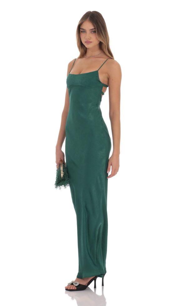 Satin Open Back Maxi Dress in Green - Image 3