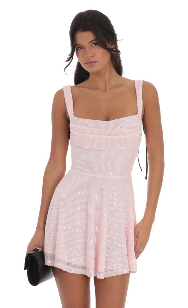 Sequin Black Ribbon A-line Dress in Pink - Image 4