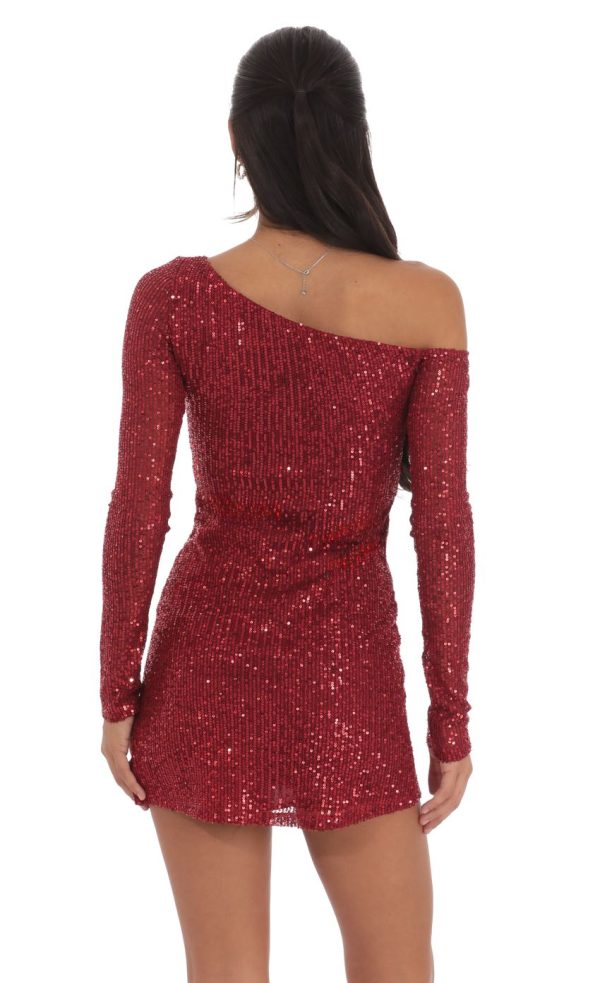 Sequin One Off Shoulder Bodycon Dress in Red - Image 2