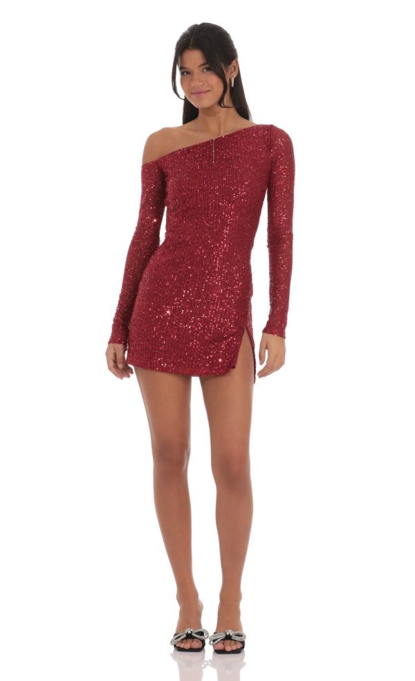 Sequin One Off Shoulder Bodycon Dress in Red - Image 4