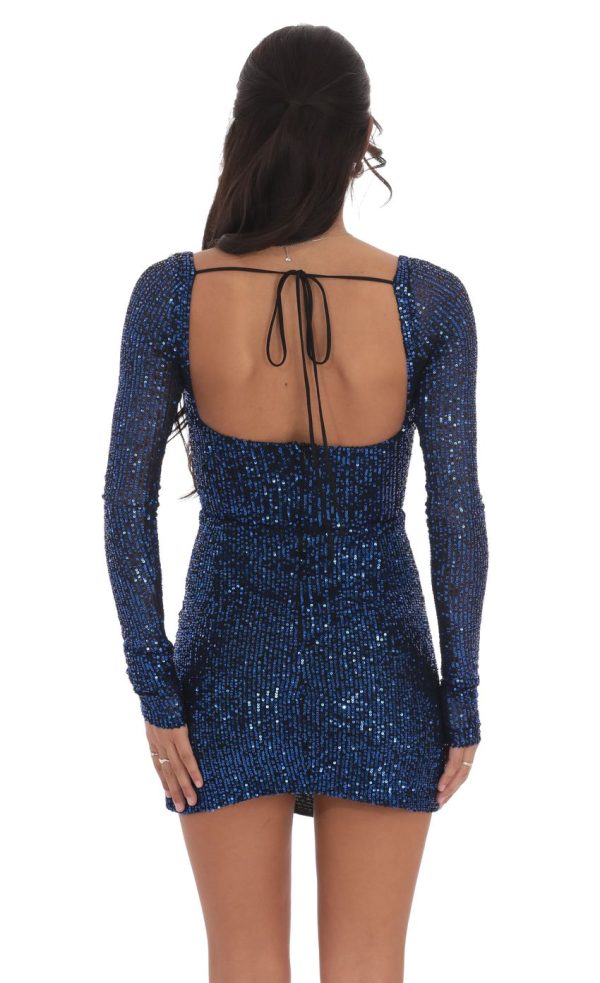 Blue Sequin V-Neck Long Sleeve Dress in Black - Image 2