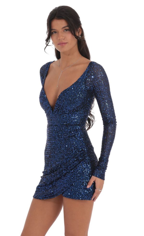 Blue Sequin V-Neck Long Sleeve Dress in Black - Image 3
