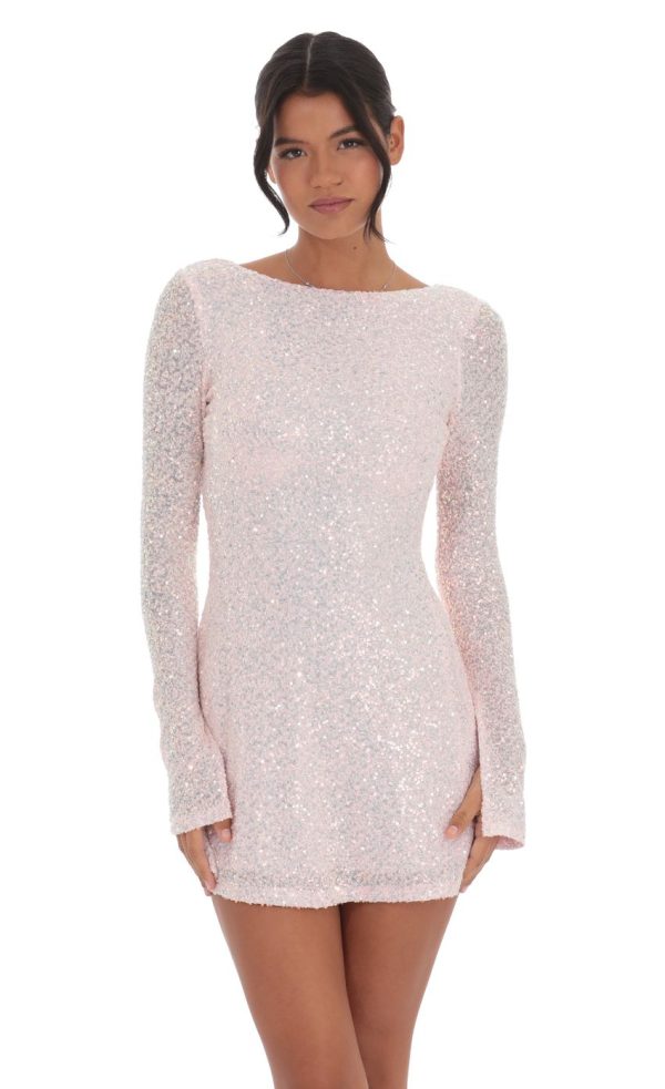 Sequin Long Sleeve Open Back Dress in Pink - Image 2