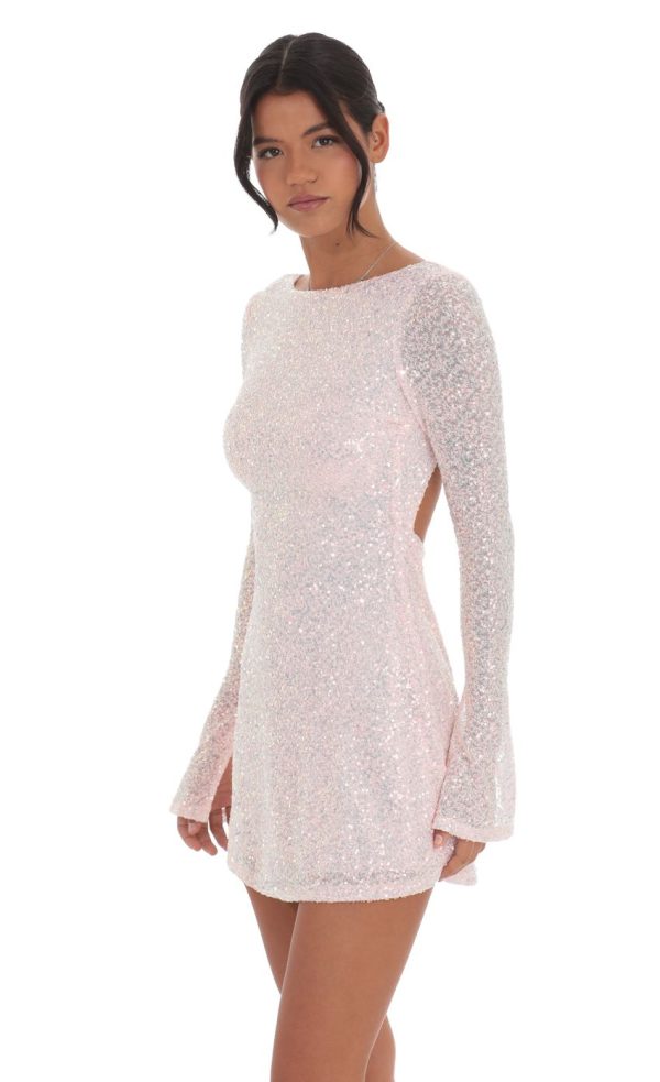 Sequin Long Sleeve Open Back Dress in Pink - Image 3