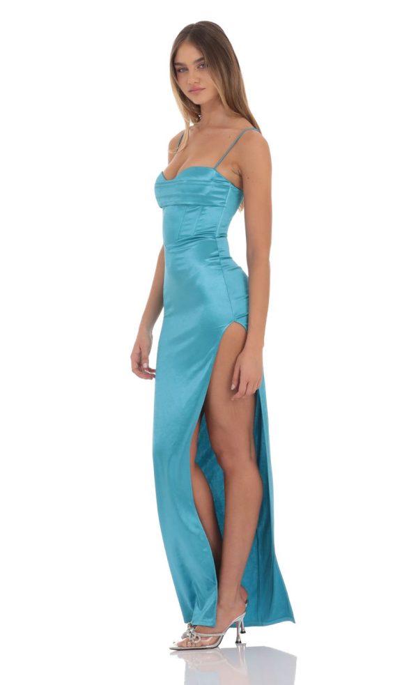 Satin Corset Maxi Dress in Blue - Image 3