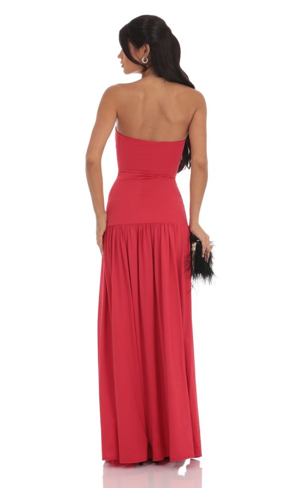 Strapless Drop Waist Maxi Dress in Red - Image 2