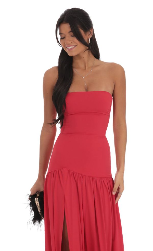 Strapless Drop Waist Maxi Dress in Red - Image 4