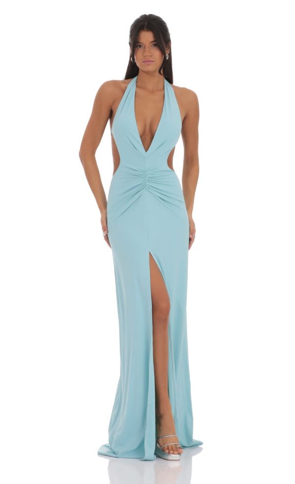 Front Slit Open Back Maxi Dress in Light Blue
