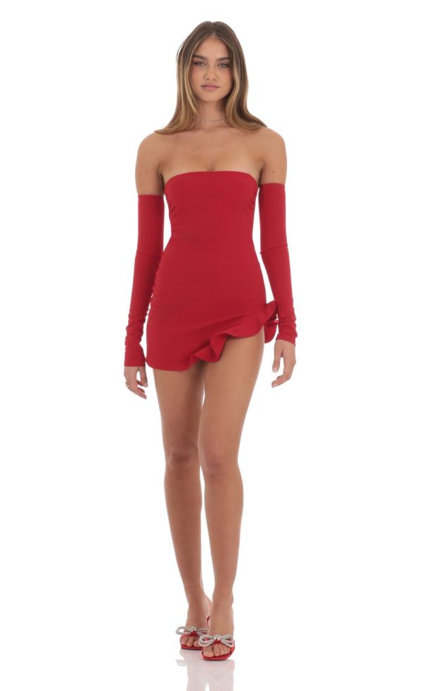 Crepe Ruffle Slit Bodycon Dress in Red - Image 4