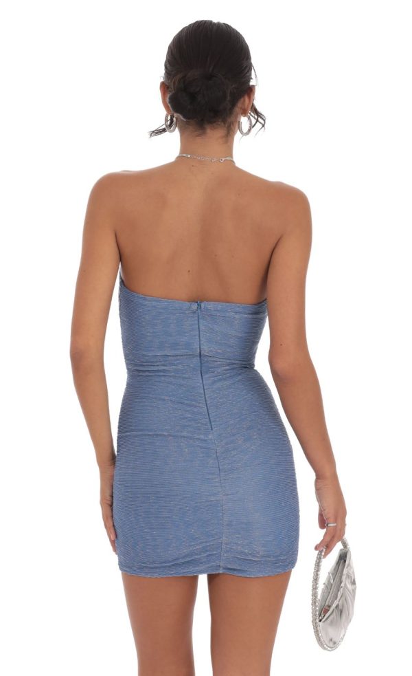 Pleated Shimmer Ruched Strapless Dress in Blue - Image 2