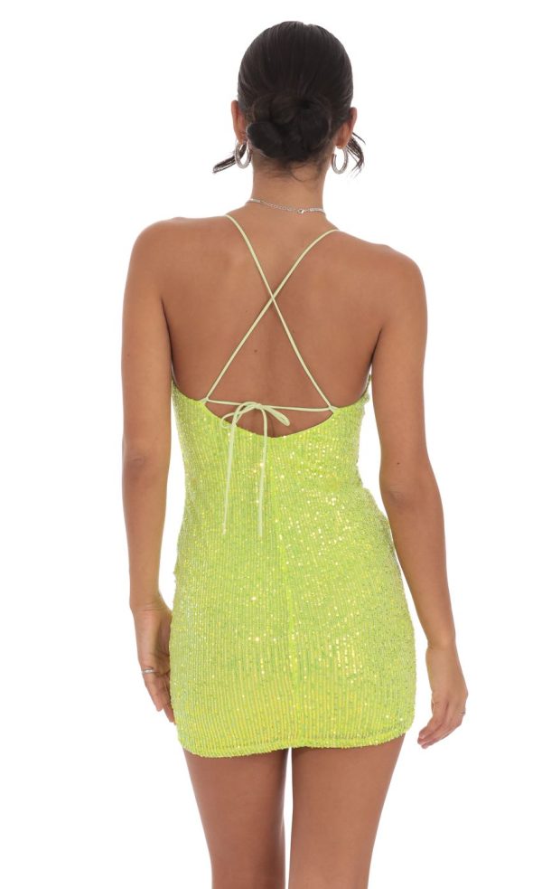 Sequin Ruched Overlay Dress in Lime Green - Image 2