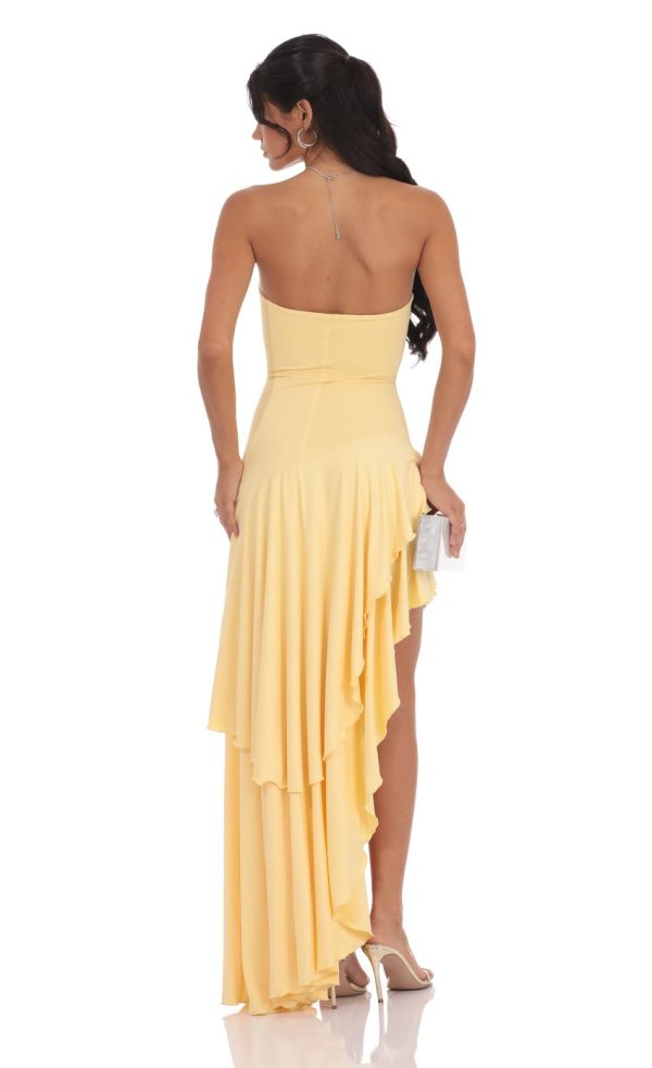 Strapless Ruffle Asymmetrical Maxi Dress in Yellow - Image 2